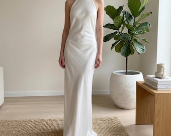 Ivory Halter Wedding Dress Backless Bridal Gown Short Train Minimalist Satin Dress Elegant Civil Ceremony Dress