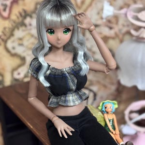 May include: A fashion doll with silver hair and green eyes, wearing a black and blue plaid crop top and black pants. The doll is posed with one hand raised. A small figurine is seated nearby.