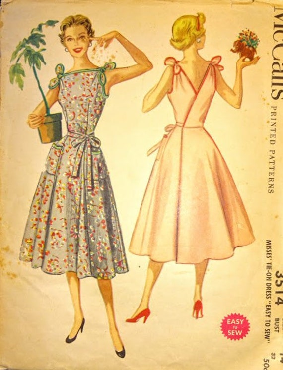 1950s Style Wrap Around Dress with Shoulder Bows and Pockets Custom Made in Your Size From a Vintage Pattern