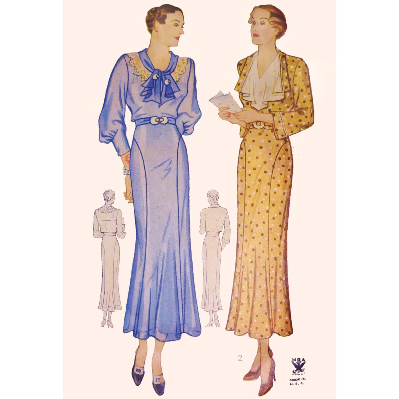 1930s Style Jabot Collar Dress With Balloon Sleeves and Slim Etsy