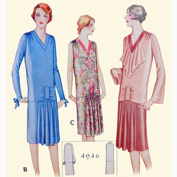 1920s Style V Neck Drop Waist Dress with Shirred Front Skirt Etsy