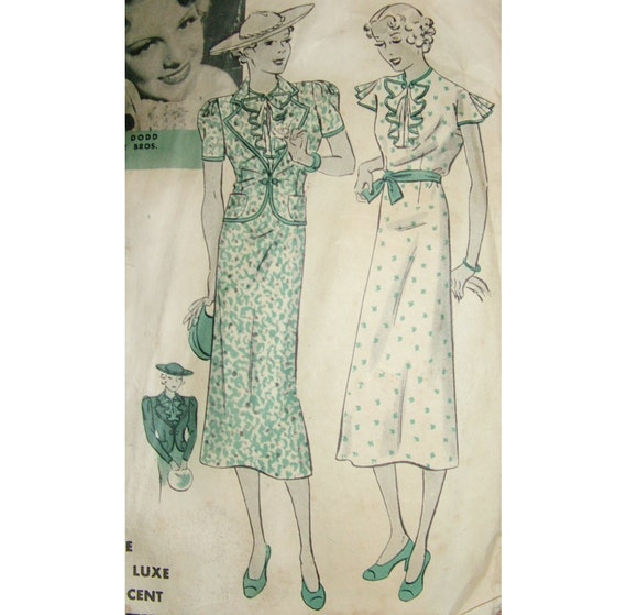 1930s Style Ruffled Jabot Collar Flutter Sleeve Slim Skirt Etsy