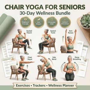 May include: An illustration promoting a 30-day chair yoga program for seniors. The image features a woman demonstrating various exercises, including seated march, twist, arm raises, chair squat, side bend, and deep breathing. Text includes "Beginner Friendly" and "Instant Download."