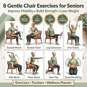 May include: An informational graphic titled 8 Gentle Chair Exercises for Seniors, featuring illustrations of a person in a green long-sleeve shirt and black leggings performing eight different movements while seated on a wooden chair.