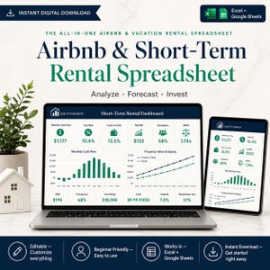 Puede incluir: Una plantilla de hoja de cálculo digital para Airbnb y alquileres a corto plazo mostrada en una pantalla de portátil y tableta. El panel presenta métricas financieras, gráficos y datos en colores verde y blanco.