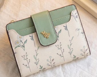 Floral Brieftasche Frauen Klein Bifold PU-Leder Schlank Kartenhalter Minimalist Damen Geldbörse Cottagecore