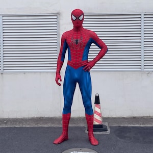 Könnte beinhalten: Ein Ganzkörper-Spandex-Kostüm in den ikonischen Farben Rot und Blau mit einem schwarzen Spinnenemblem auf der Brust und einem Netzmuster auf den roten Bereichen. Der Anzug enthält eine passende Vollkopfmaske mit weißen Augenlinsen.