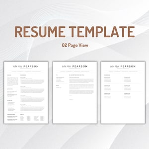 Może przedstawiać: Zestaw szablon&oacute;w CV składający się z trzech białych stron z czarnym tekstem. Na g&oacute;rnej stronie widnieje tytuł RESUME TEMPLATE oraz 02 Page View. Każdy dokument zawiera imię i nazwisko ANNA PEARSON oraz sekcje dotyczące profilu, doświadczenia, edukacji, ekspertyzy, certyfikat&oacute;w, umiejętności, referencji i układu listu motywacyjnego.