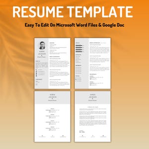 K&ouml;nnte beinhalten: Ein digitales Lebenslauf-Vorlagen-Set mit vier wei&szlig;en Seiten mit schwarzem Text und Layout-Abschnitten. Der Text oben lautet RESUME TEMPLATE und Easy To Edit On Microsoft Word Files & Google Doc. Die Seiten enthalten Platzhalter f&uuml;r ein Foto, Kontaktdaten, Berufserfahrung, F&auml;higkeiten und Referenzen.
