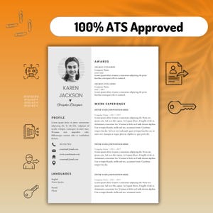 K&ouml;nnte beinhalten: Eine professionelle Lebenslaufvorlage mit wei&szlig;em und hellgrauem Layout und dem Text 100% ATS Approved oben. Sie enth&auml;lt Abschnitte f&uuml;r Profil, Auszeichnungen, Berufserfahrung und Sprachen sowie Symbole f&uuml;r Roboter, Schl&uuml;ssel und Dokumente.