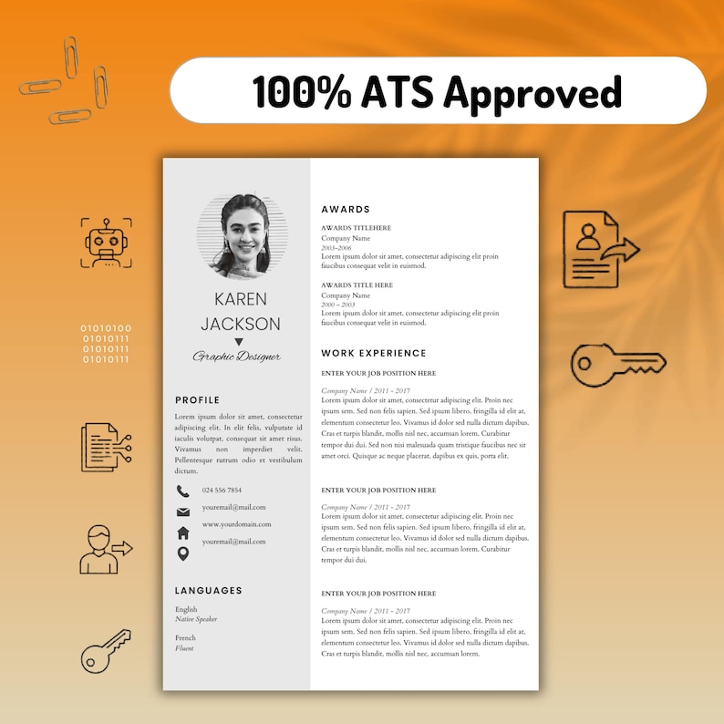 K&ouml;nnte beinhalten: Eine professionelle Lebenslaufvorlage mit wei&szlig;em und hellgrauem Layout und dem Text 100% ATS Approved oben. Sie enth&auml;lt Abschnitte f&uuml;r Profil, Auszeichnungen, Berufserfahrung und Sprachen sowie Symbole f&uuml;r Roboter, Schl&uuml;ssel und Dokumente.