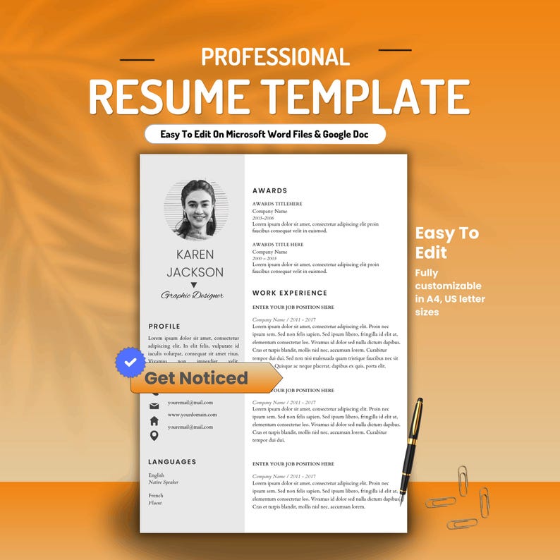 ATS resume template professional Word Google Doc instant download 2026
