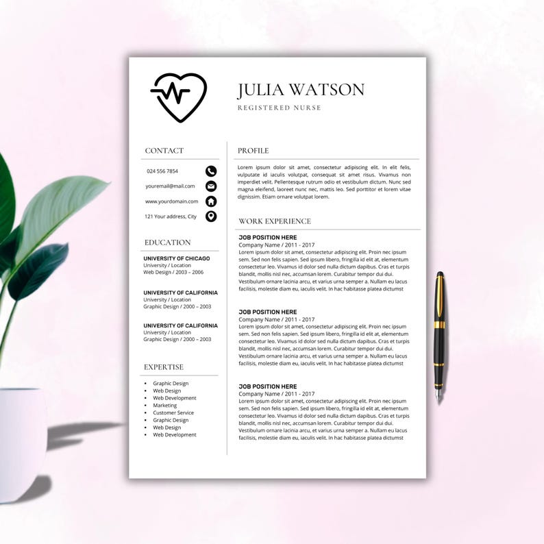 May include: A professional resume template for a registered nurse named Julia Watson, featuring a heart-shaped EKG icon, contact details, education, and work experience sections with placeholder text, accompanied by a black and gold fountain pen.