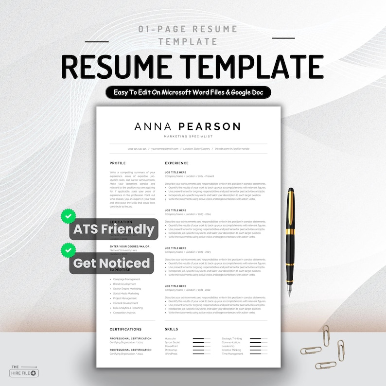 One Page Resume Template Word | Printable Resume Templates | Mac Apple Pages | Clean Minimalist CV | Instant Download | Professional Resume