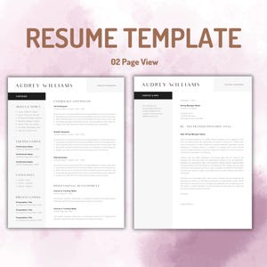 Op de afbeelding: Een cv-sjabloon van twee pagina's met de tekst RESUME TEMPLATE en 02 PAGE VIEW bovenaan. Het document bevat secties voor vaardigheden, tools, certificeringen, talen, presentaties, ervaring en een begeleidende brief voor Audrey Williams.