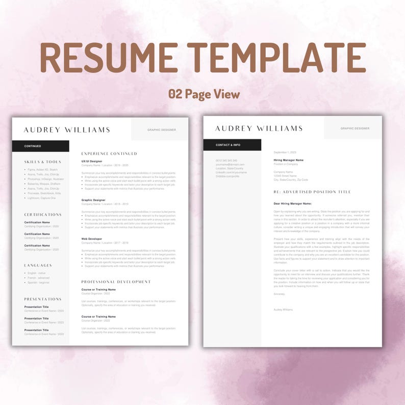 Op de afbeelding: Een cv-sjabloon van twee pagina's met de tekst RESUME TEMPLATE en 02 PAGE VIEW bovenaan. Het document bevat secties voor vaardigheden, tools, certificeringen, talen, presentaties, ervaring en een begeleidende brief voor Audrey Williams.