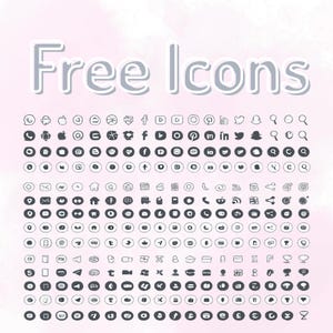 May include: A collection of numerous small, dark gray circular social media and utility icons arranged in a grid pattern on a light pink background. The text "Free Icons" is displayed in large, white, outlined letters at the top of the image.