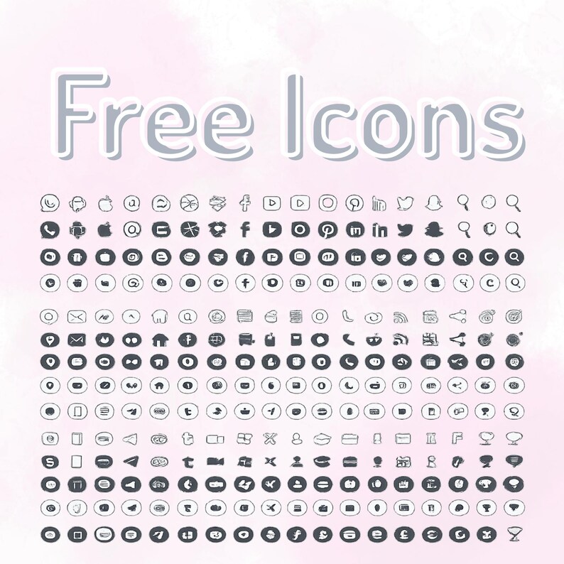 May include: A collection of numerous small, dark gray circular social media and utility icons arranged in a grid pattern on a light pink background. The text "Free Icons" is displayed in large, white, outlined letters at the top of the image.