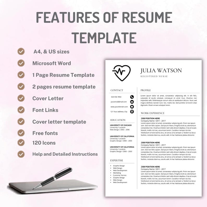 May include: A resume template document featuring the name Julia Watson, Registered Nurse, with a heart-shaped EKG icon. The list of features includes A4 and US sizes, Microsoft Word compatibility, cover letter, font links, and 120 icons.