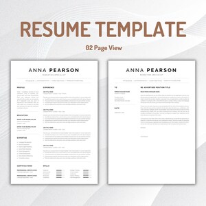 May include: A two-page CV template featuring a clean, professional layout with black text on a white background. The document includes sections for profile, experience, education, expertise, certifications, skills, and a cover letter page.