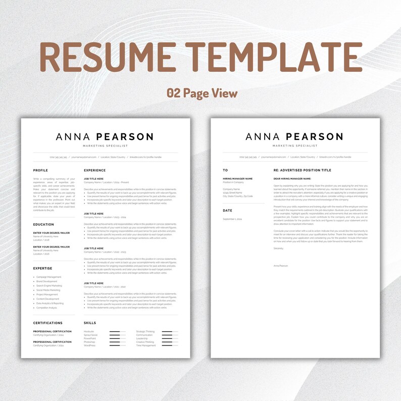 May include: A two-page CV template featuring a clean, professional layout with black text on a white background. The document includes sections for profile, experience, education, expertise, certifications, skills, and a cover letter page.