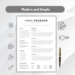 May include: A CV template titled Modern and Simple featuring the name Anna Pearson, Marketing Specialist, with sections for profile, experience, education, expertise, certifications, and skills, accompanied by a black and gold fountain pen.