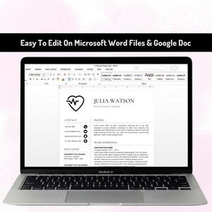 May include: A silver laptop displaying a resume template on its screen. The text at the top reads Easy To Edit On Microsoft Word Files & Google Doc. The resume features a heart-shaped pulse icon, the name Julia Watson, and sections for contact, profile, work experience, and education.