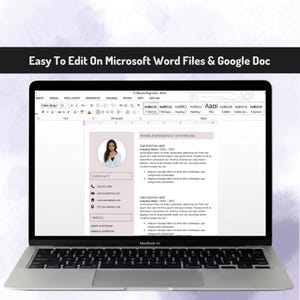Pu&ograve; includere: Un portatile argentato che mostra un modello di curriculum nell'interfaccia di Microsoft Word. Lo schermo visualizza un documento con una foto profilo circolare, contatti e sezioni di esperienza lavorativa. Il testo sopra recita: Easy To Edit On Microsoft Word Files & Google Doc.