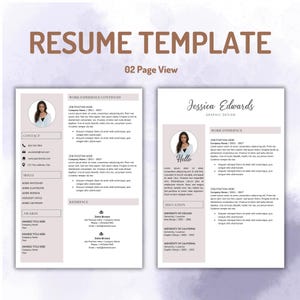 Pu&ograve; includere: Un modello di curriculum di due pagine con un layout pulito, una barra laterale color malva tenue, testo segnaposto e cornici circolari per foto. Il documento include sezioni per informazioni di contatto, competenze, premi, esperienza lavorativa e istruzione, con il testo "RESUME TEMPLATE 02 Page View" visualizzato in alto.