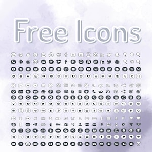 Pu&ograve; includere: Una collezione di numerose piccole icone circolari di social media e utilit&agrave; disposte in una griglia. Il testo "Free Icons" &egrave; visualizzato in grandi lettere bianche contornate nella parte superiore su uno sfondo acquerello viola chiaro.