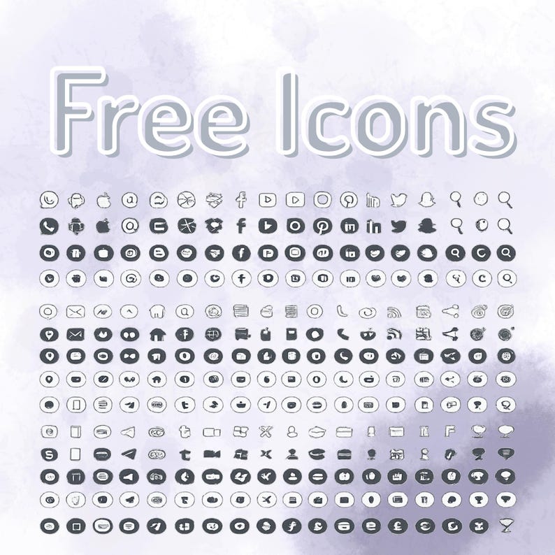 Pu&ograve; includere: Una collezione di numerose piccole icone circolari di social media e utilit&agrave; disposte in una griglia. Il testo "Free Icons" &egrave; visualizzato in grandi lettere bianche contornate nella parte superiore su uno sfondo acquerello viola chiaro.
