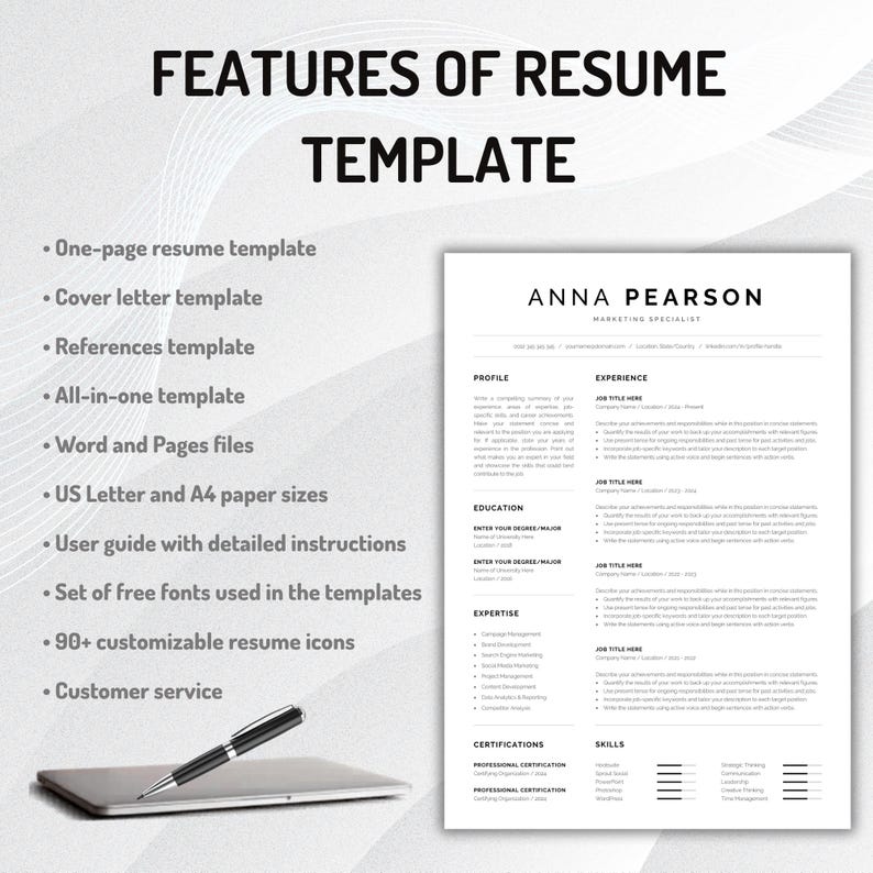 May include: A resume template document featuring the name Anna Pearson, Marketing Specialist, with sections for profile, experience, education, expertise, certifications, and skills. A black pen rests on a tablet next to a list of template features.