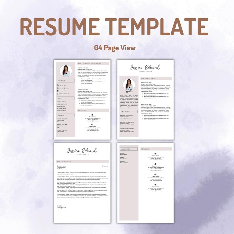 Pu&ograve; includere: Un set di modelli di curriculum digitali con quattro diversi layout di pagina su uno sfondo acquerello viola chiaro. Il testo RESUME TEMPLATE e 04 Page View &egrave; visualizzato in alto. Ogni pagina include segnaposto per testo, contatti e foto.