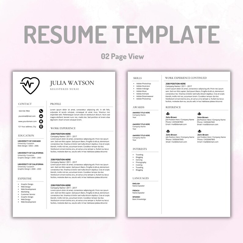 May include: A two-page resume template featuring a clean, professional layout with black text on a white background. The document includes sections for contact information, profile, work experience, education, expertise, skills, awards, interests, and languages.