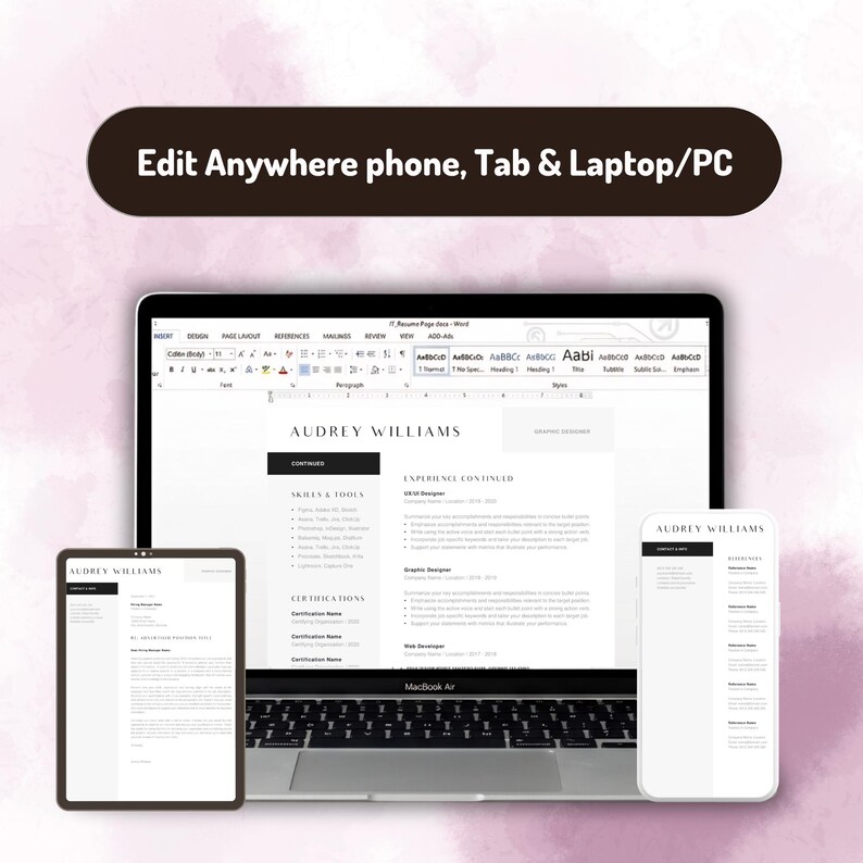 Op de afbeelding: Een laptop, tablet en smartphone tonen een cv-sjabloon voor Audrey Williams. De tekst Edit Anywhere phone, Tab & Laptop/PC staat gecentreerd boven de apparaten. Het cv heeft een strakke lay-out met zwarte en witte tekst.