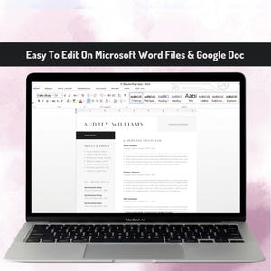 Op de afbeelding: Een zilveren laptop die een cv-sjabloon op het scherm weergeeft. De tekst bovenaan luidt Easy To Edit On Microsoft Word Files & Google Doc. Het cv-document bevat de naam Audrey Williams en secties voor vaardigheden, tools en ervaring.