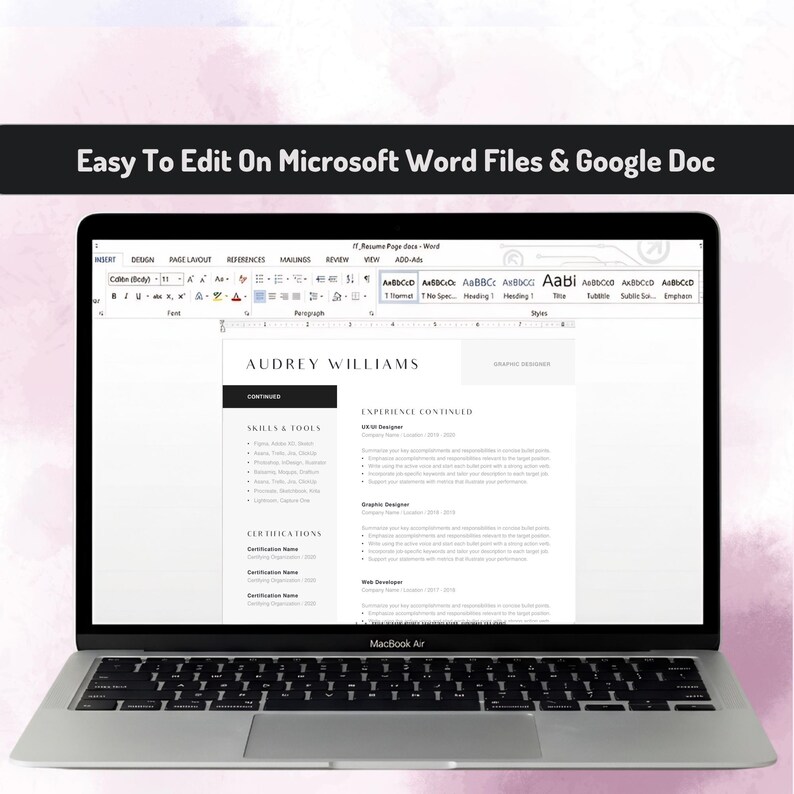 Op de afbeelding: Een zilveren laptop die een cv-sjabloon op het scherm weergeeft. De tekst bovenaan luidt Easy To Edit On Microsoft Word Files & Google Doc. Het cv-document bevat de naam Audrey Williams en secties voor vaardigheden, tools en ervaring.