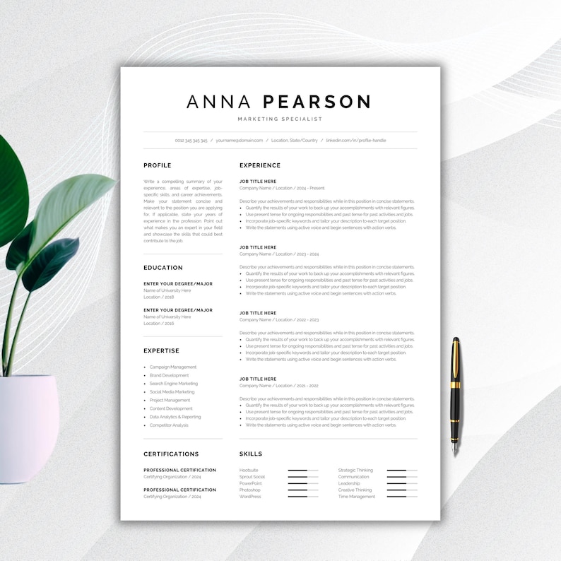 May include: A professional CV template on a white sheet of paper with black text. The header displays the name Anna Pearson and the title Marketing Specialist. The layout includes sections for profile, education, expertise, experience, and skills.