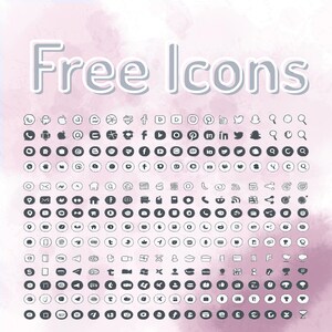 Op de afbeelding: Een digitale grafische set met de tekst "Free Icons" in een wit schreefloos lettertype bovenaan, tegen een zachtroze aquarelachtergrond. Onder de tekst staan talloze kleine, cirkelvormige donkergrijze iconen voor sociale media.