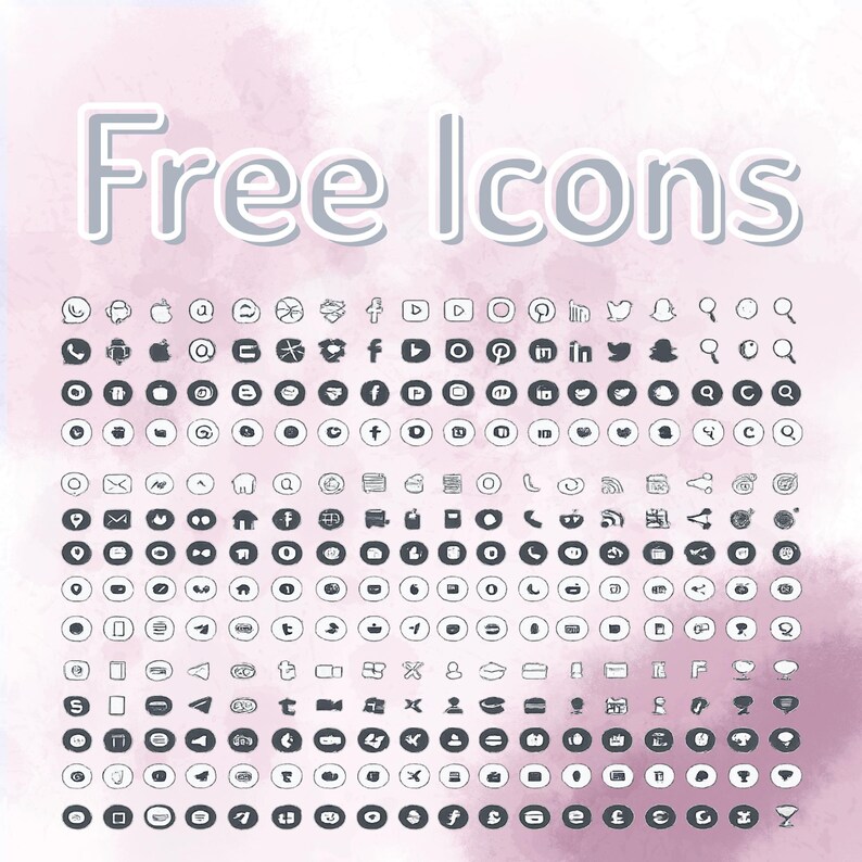 Op de afbeelding: Een digitale grafische set met de tekst "Free Icons" in een wit schreefloos lettertype bovenaan, tegen een zachtroze aquarelachtergrond. Onder de tekst staan talloze kleine, cirkelvormige donkergrijze iconen voor sociale media.