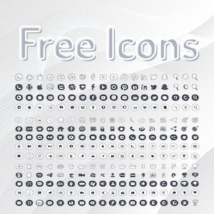 Może przedstawiać: Kolekcja ikon medi&oacute;w społecznościowych i internetowych ułożonych w siatkę na jasnoszarym tle. Tekst "Free Icons" jest wyświetlany dużymi, białymi literami z obw&oacute;dką u g&oacute;ry. Ikony są ciemnoszare, okrągłe i przedstawiają r&oacute;żne symbole.