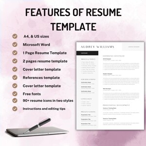 Op de afbeelding: Een cv-sjabloon met de naam Audrey Williams, met een lijst met functies waaronder A4- en US-formaten, Microsoft Word-compatibiliteit, sjablonen voor sollicitatiebrieven en referenties, gratis lettertypen, 90 iconen en bewerkingstips.