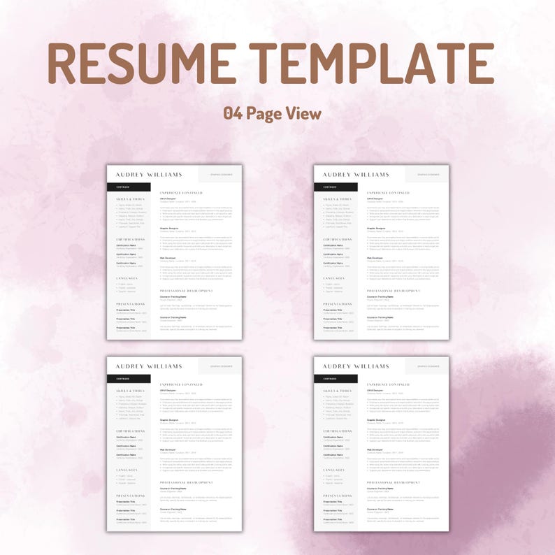 Op de afbeelding: Een cv-sjabloon met vier identieke paginaweergaven. Elke pagina toont bovenaan de naam Audrey Williams, gevolgd door secties voor vaardigheden, ervaring en professionele ontwikkeling in een strakke, zwart-witte lay-out.