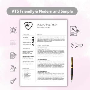 May include: A resume template titled ATS Friendly & Modern and Simple featuring the name Julia Watson, Registered Nurse. The document includes sections for contact, profile, work experience, education, and expertise with black text on white.
