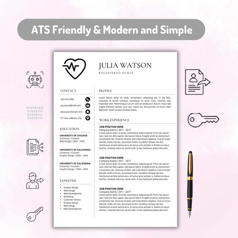 May include: A resume template titled ATS Friendly & Modern and Simple featuring the name Julia Watson, Registered Nurse. The document includes sections for contact, profile, work experience, education, and expertise with black text on white.