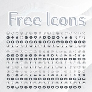 May include: A collection of social media and web icons arranged in a grid on a light grey background. The text "Free Icons" is displayed in large, white, outlined letters at the top. The icons are dark grey, circular, and feature various symbols.