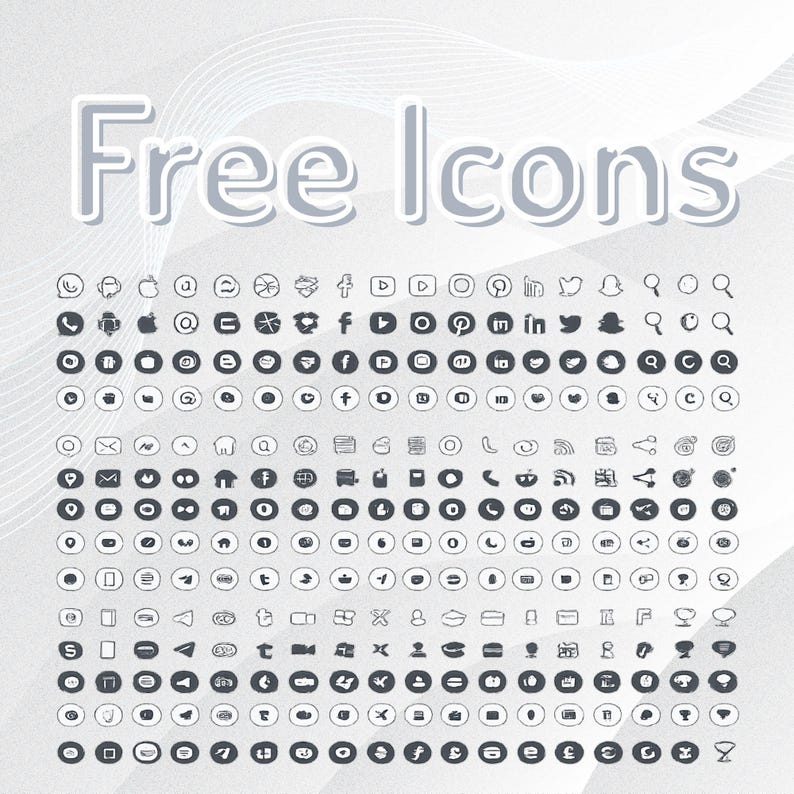 May include: A collection of social media and web icons arranged in a grid on a light grey background. The text "Free Icons" is displayed in large, white, outlined letters at the top. The icons are dark grey, circular, and feature various symbols.