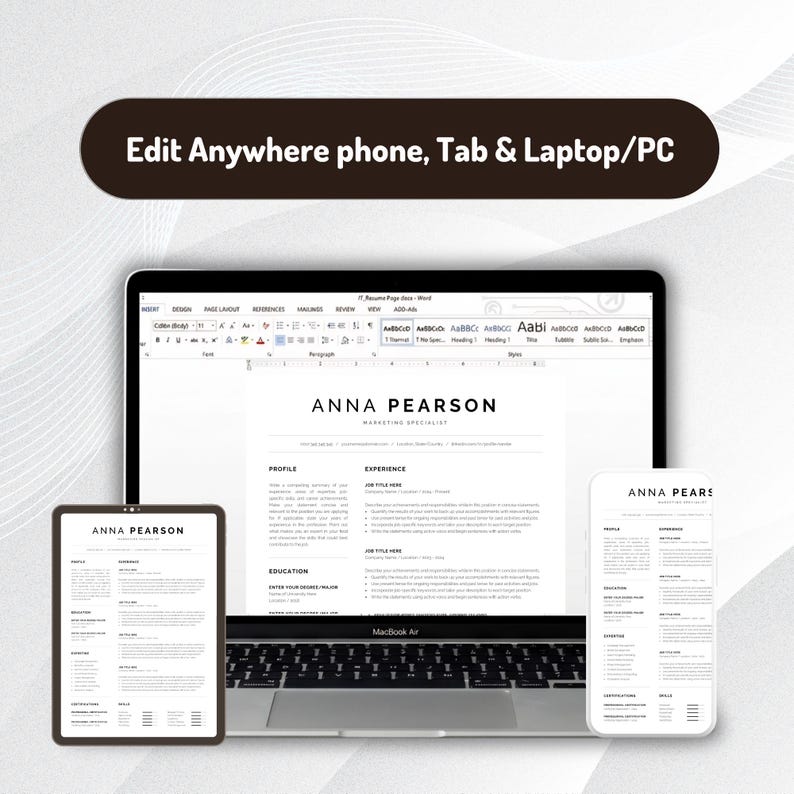 Professional One Page Resume Template, Modern Minimalist CV (Word, Pages) image 6