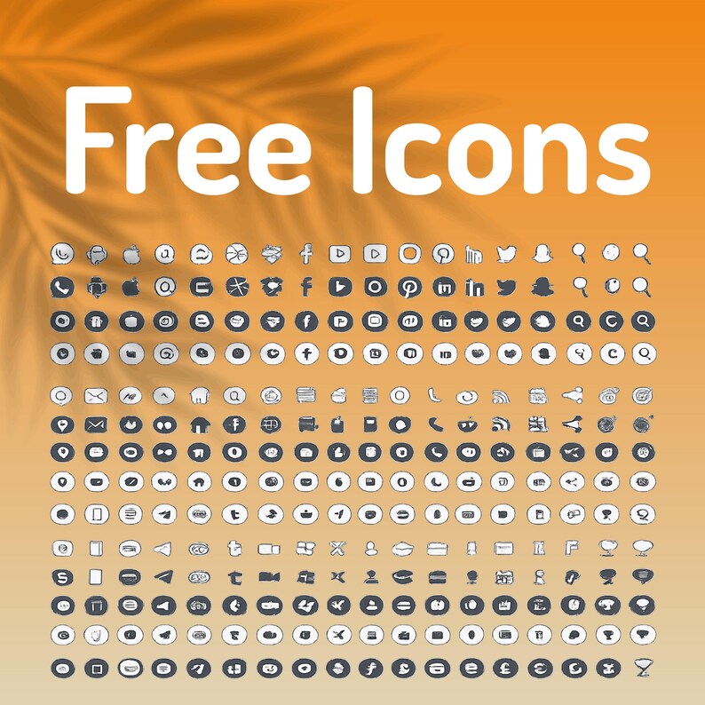 K&ouml;nnte beinhalten: Eine Sammlung zahlreicher kleiner, kreisf&ouml;rmiger Social-Media- und Utility-Icons, die in einem Raster auf einem orangefarbenen Hintergrund angeordnet sind. Der Text Free Icons steht in gro&szlig;en wei&szlig;en Buchstaben oben im Bild.