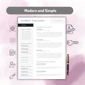 Op de afbeelding: Een cv-sjabloon getiteld Audrey Williams Graphic Designer met een tweekoloms lay-out met secties voor vaardigheden, tools, certificeringen, talen, presentaties, ervaring en professionele ontwikkeling, vergezeld van een zwart-gouden pen.